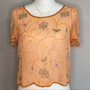 Forever 21 Sheer Peach Floral Beaded Blouse